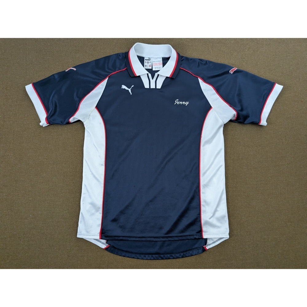 Vintage Puma Soccer Football Jersey‎ Size L Navy Blue White "Jerry" Embroidery